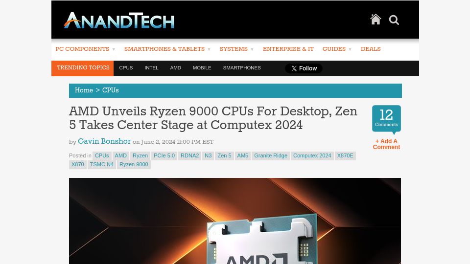 Screenshot of anandtech.com: AMD Unveils Ryzen 9000 CPUs for Desktop, Zen 5