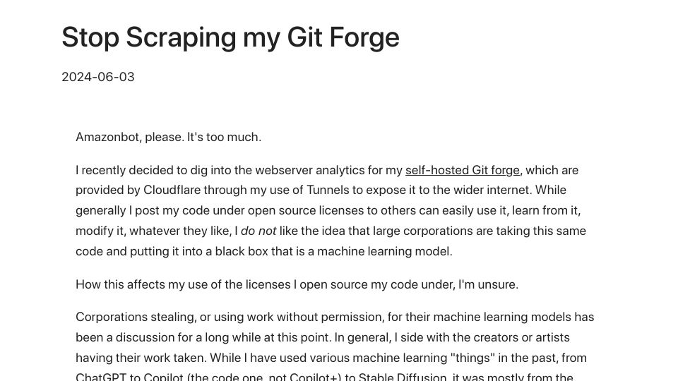 Screenshot of gabrielsimmer.com: Stop Scraping My Git Forge