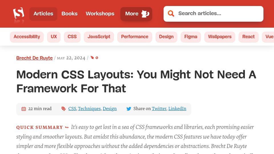 Screenshot of smashingmagazine.com: Modern CSS Layouts: You Might Not Need a Framework for That