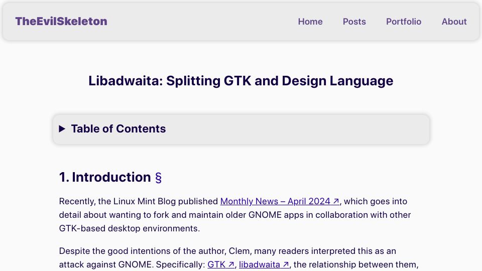 Screenshot of tesk.page: Libadwaita: Splitting GTK and Design Language