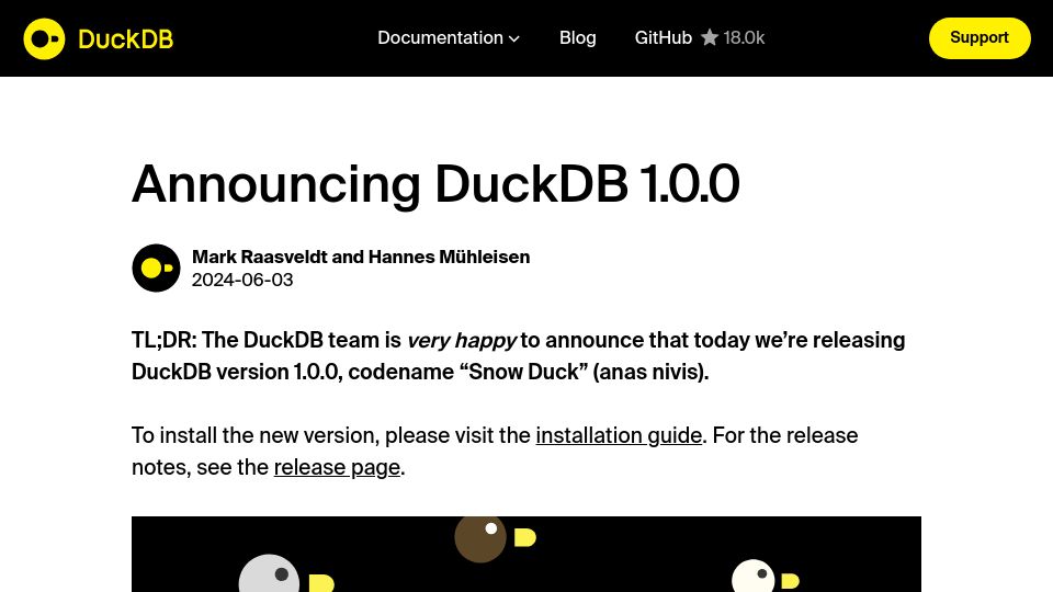 Screenshot of duckdb.org: DuckDB 1.0.0