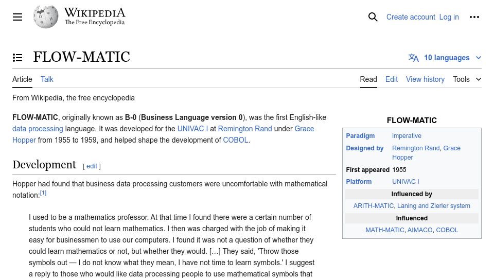 Screenshot of en.wikipedia.org: Flow-Matic