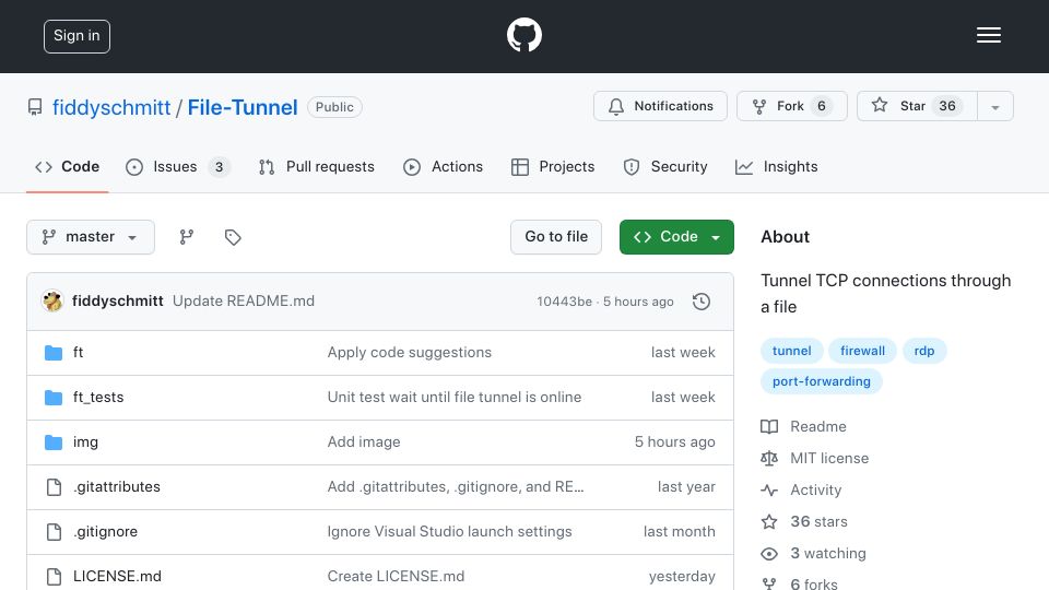 Screenshot of github.com: Show HN: Tunnelling TCP through a file