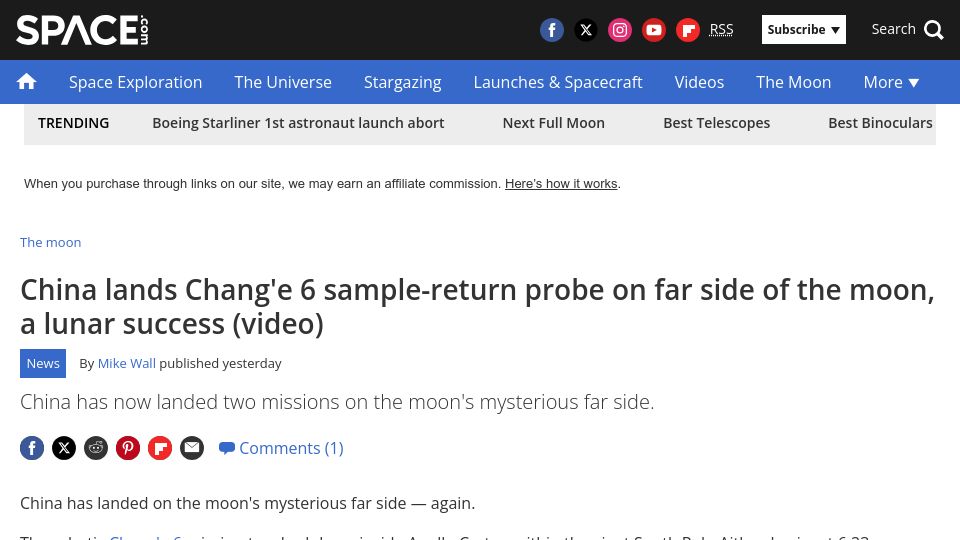 Screenshot of space.com: China lands Chang'e 6 sample-return probe on far side of the moon