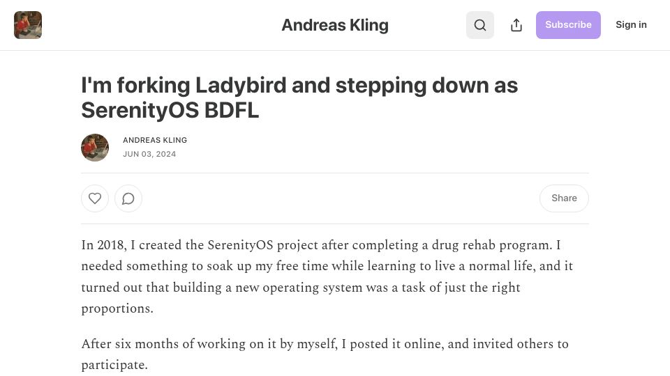 Screenshot of awesomekling.substack.com: I'm forking Ladybird and stepping down as SerenityOS BDFL