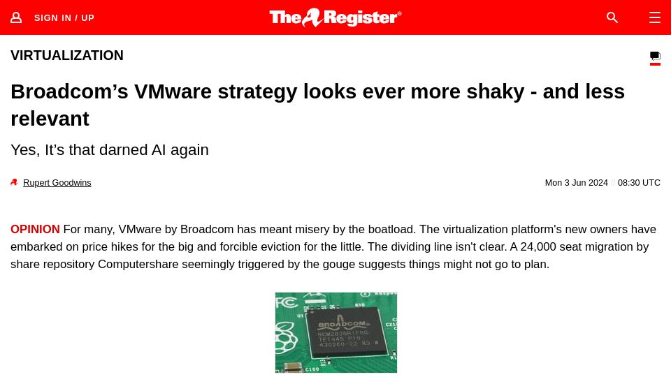 Screenshot of theregister.com: Broadcom's VMware strategy looks ever more shaky – and less relevant