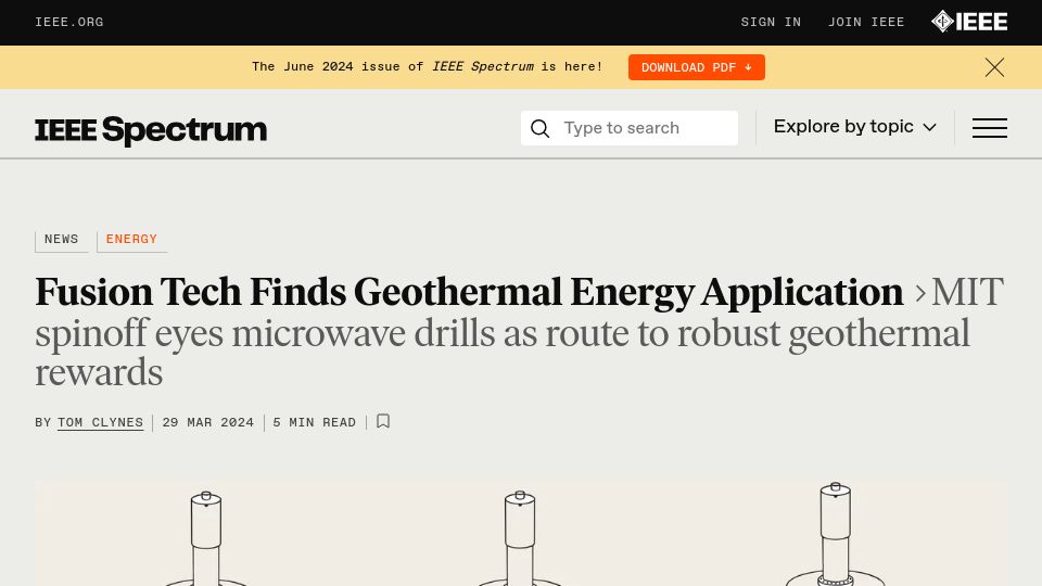 Screenshot of spectrum.ieee.org: Fusion tech finds geothermal energy application