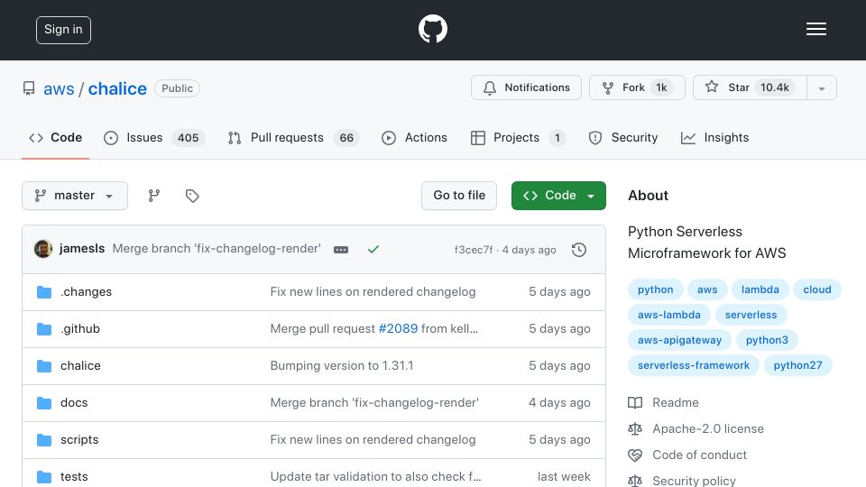 Screenshot of github.com: AWS Chalice