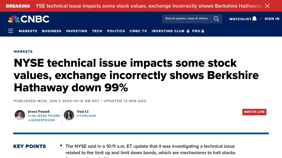 Screenshot of cnbc.com: NYSE technical issue, incorrectly showing Berkshire Hathaway down 99%
