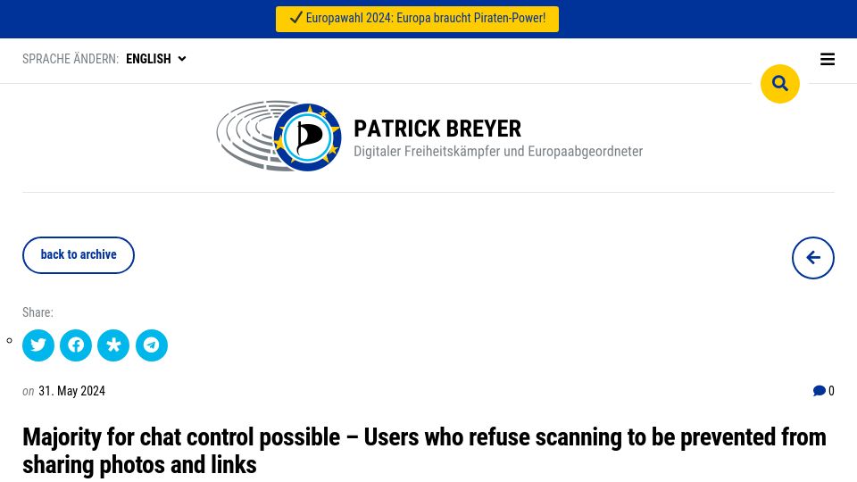 Screenshot of patrick-breyer.de: EU: Users who refuse scanning to be prevented from sharing photos and links