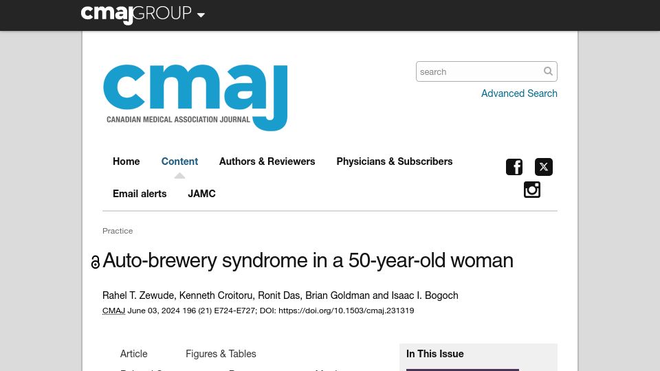 Screenshot of cmaj.ca: Auto-brewery syndrome in a 50-year-old woman