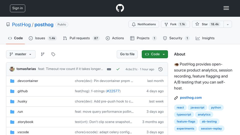 Screenshot of github.com: Posthog – open-source analytics and UX research tool