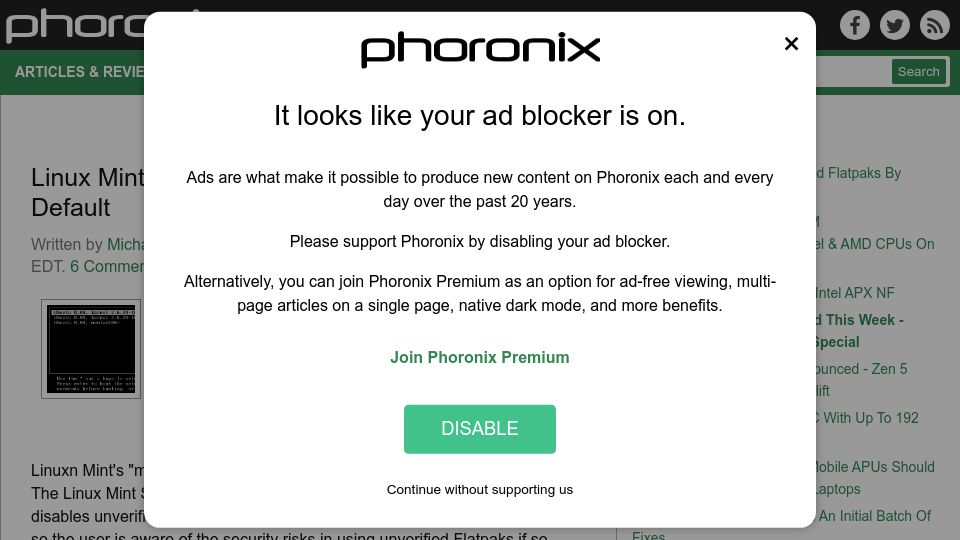 Screenshot of phoronix.com: Linux Mint Disabling Unverified Flatpaks by Default