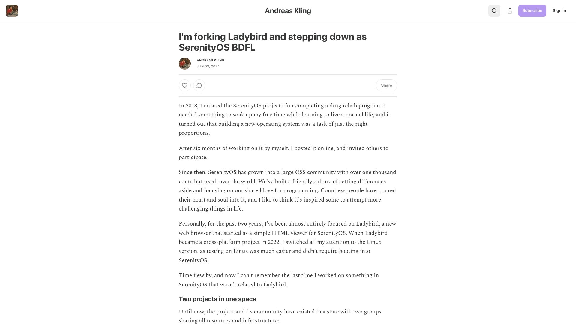 Screenshot of awesomekling.substack.com: I'm forking Ladybird and stepping down as SerenityOS BDFL