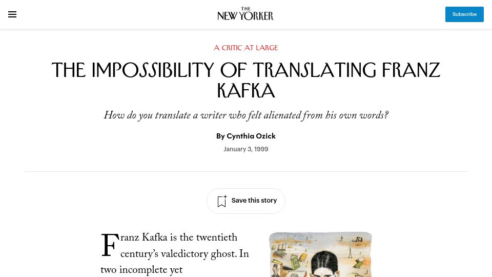 Screenshot of newyorker.com: The impossibility of translating Franz Kafka (1999)