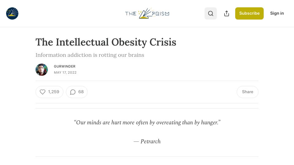 Screenshot of gurwinder.blog: The Intellectual Obesity Crisis (2022)