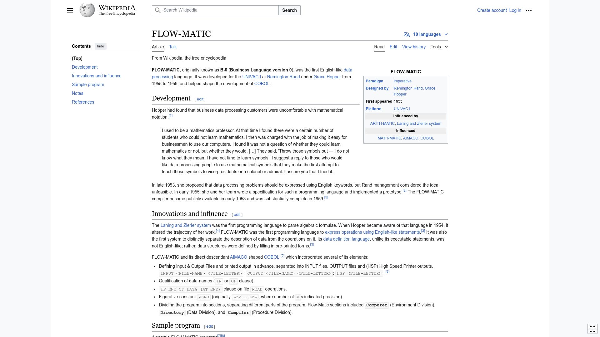 Screenshot of en.wikipedia.org: Flow-Matic