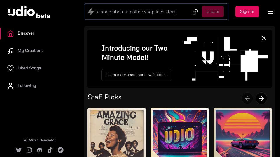 Screenshot of udio.com: Udio – AI Music Generator
