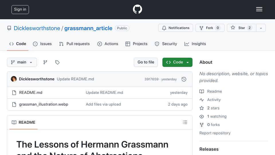 Screenshot of github.com: Hermann Grassmann and the nature of abstractions