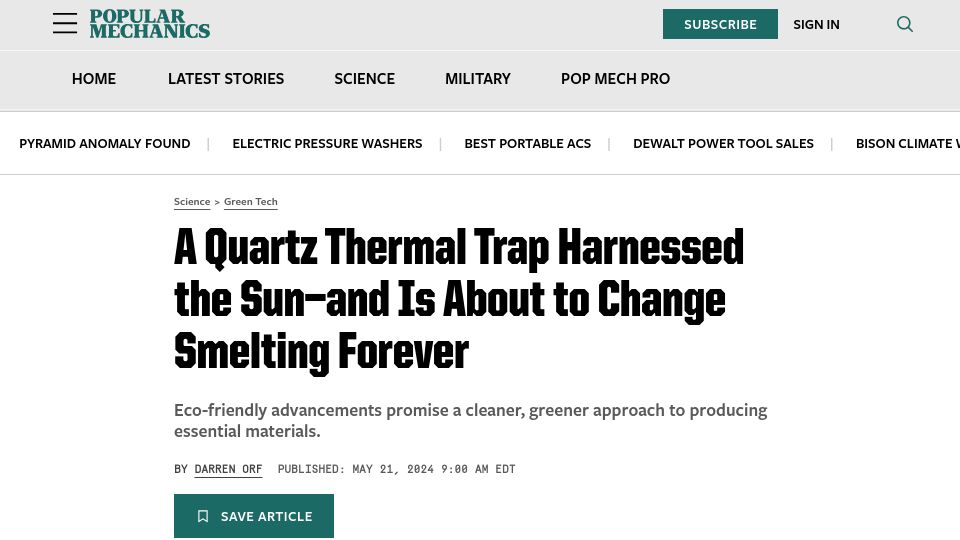 Screenshot of popularmechanics.com: A Quartz Thermal Trap Harnessed the Sun–and Is About to Change Smelting Forever