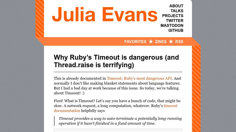 Screenshot of jvns.ca: Ruby's Timeout is dangerous and Thread.raise is terrifying (2015)