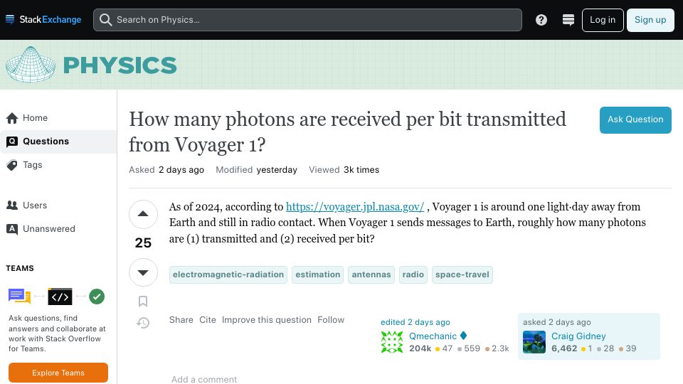 Screenshot of physics.stackexchange.com: How many photons are received per bit transmitted from Voyager 1?