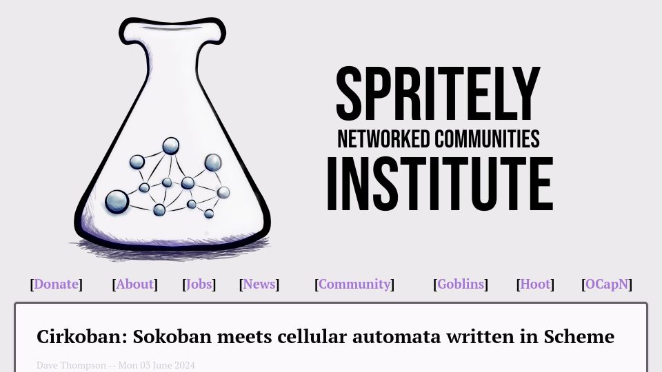 Screenshot of spritely.institute: Cirkoban: Sokoban meets cellular automata written in Scheme