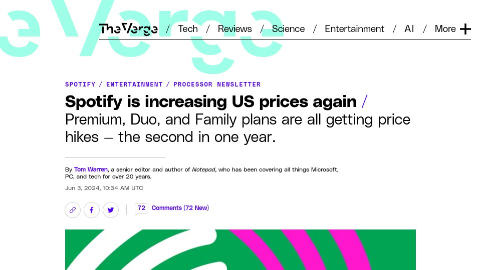 Screenshot of theverge.com: Spotify is increasing US prices again