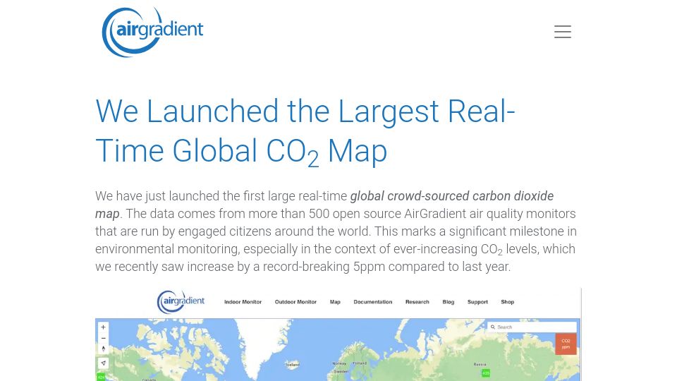Screenshot of airgradient.com: We Launched the Largest Real-Time Global CO2 Map