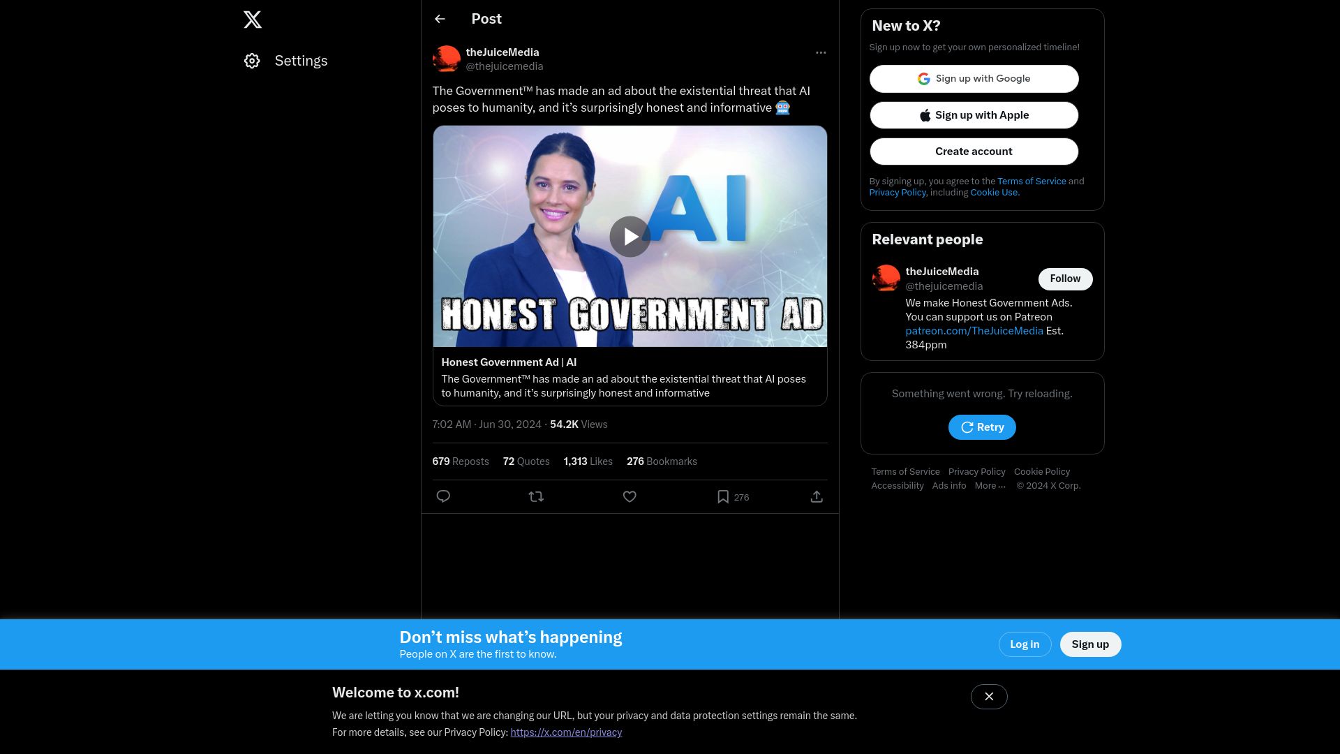 Screenshot of twitter.com: The Government has made an ad about existential threat AI poses to humanity