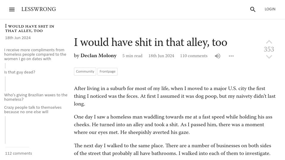Screenshot of lesswrong.com: I would have shit in that alley, too
