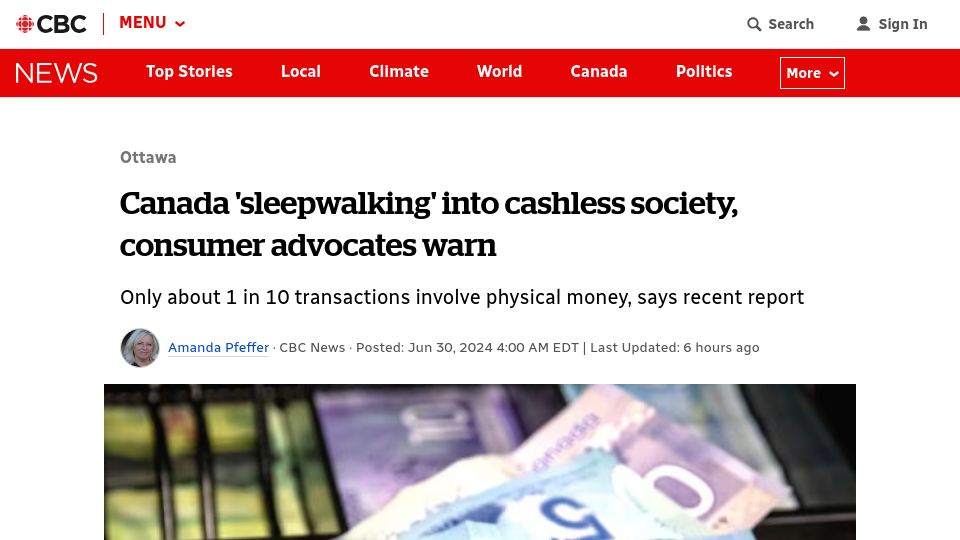 Screenshot of cbc.ca: Canada 'sleepwalking' into cashless society, consumer advocates warn