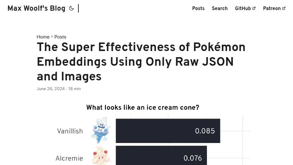 Screenshot of minimaxir.com: The super effectiveness of Pokémon embeddings using only raw JSON and images