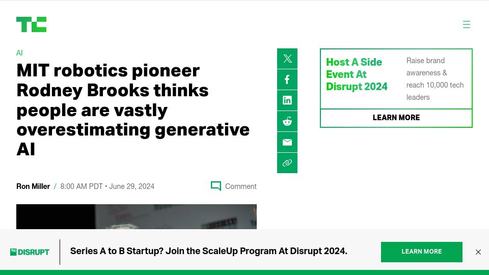 Screenshot of techcrunch.com: Rodney Brooks on limitations of generative AI