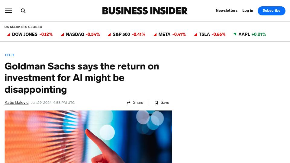 Screenshot of businessinsider.com: Goldman Sachs says the return on investment for AI might be disappointing