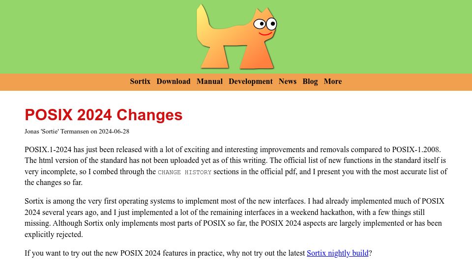 Screenshot of sortix.org: POSIX 2004 Changes