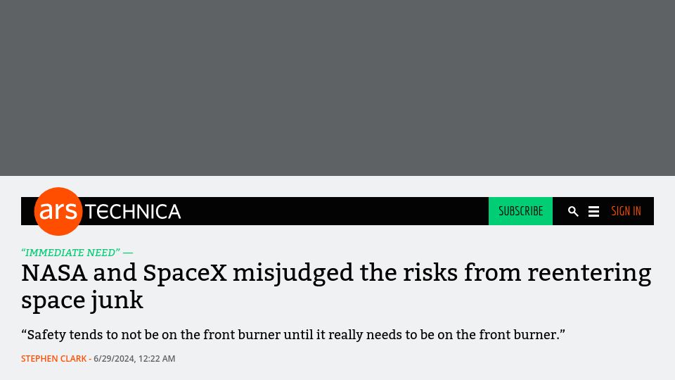 Screenshot of arstechnica.com: NASA and SpaceX misjudged the risks from reentering space junk