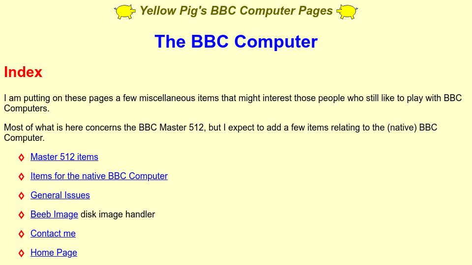 Screenshot of cowsarenotpurple.co.uk: Yellow Pig's BBC Computer Pages