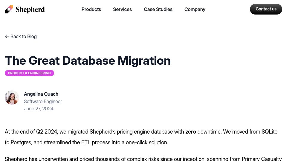 Screenshot of shepherdinsurance.com: Our great database migration