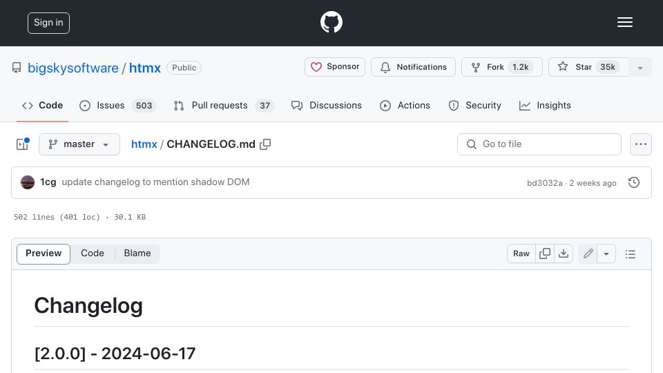 Screenshot of github.com: Htmx 2.0 Released