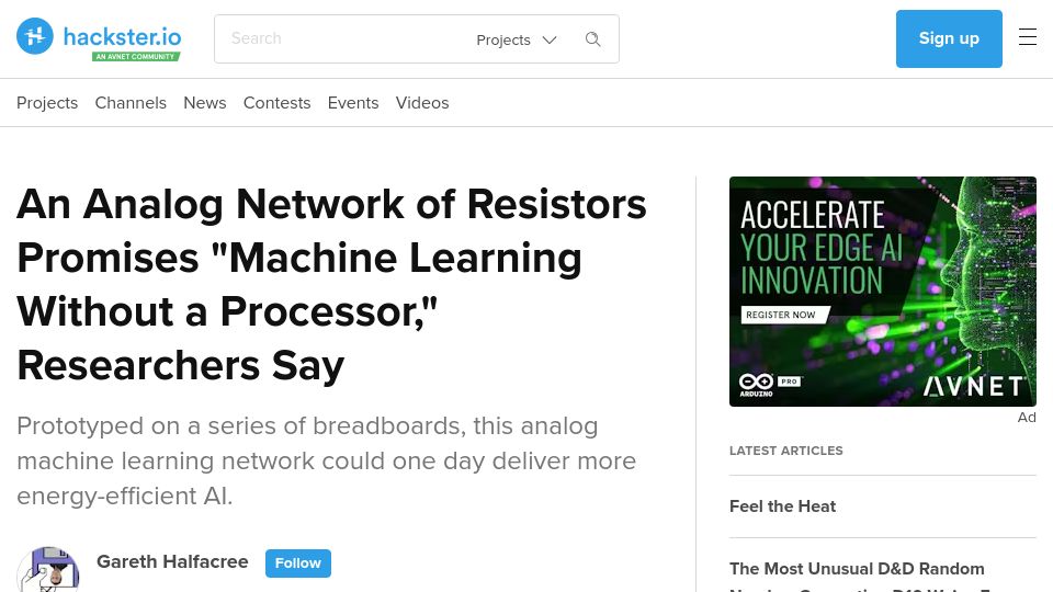 Screenshot of hackster.io: An Analog Network of Resistors Promises Machine Learning Without a Processor