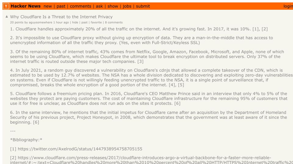 Screenshot of Hacker News post: Why Cloudflare Is a Threat to the Internet Privacy