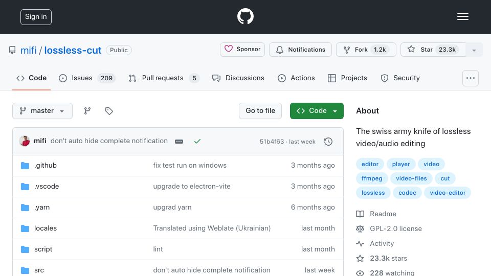 Screenshot of github.com: LosslessCut: The Swiss army knife of lossless video/audio editing