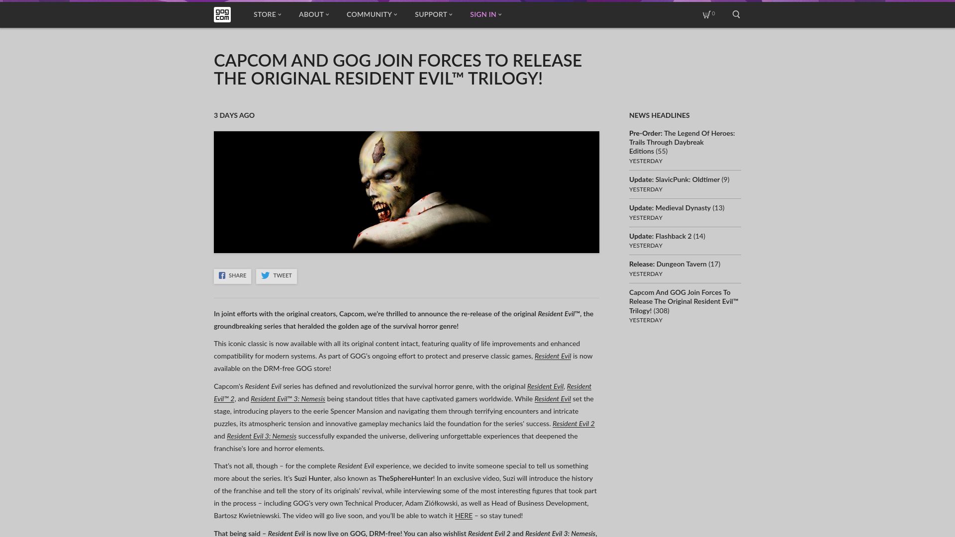 Screenshot of gog.com: Capcom and GOG to release the original Resident Evil trilogy