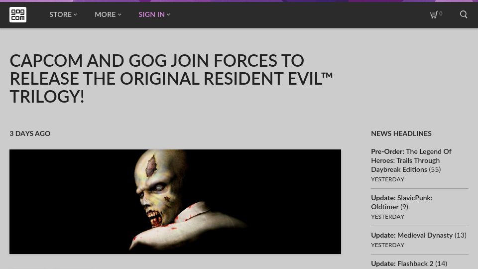 Screenshot of gog.com: Capcom and GOG to release the original Resident Evil trilogy