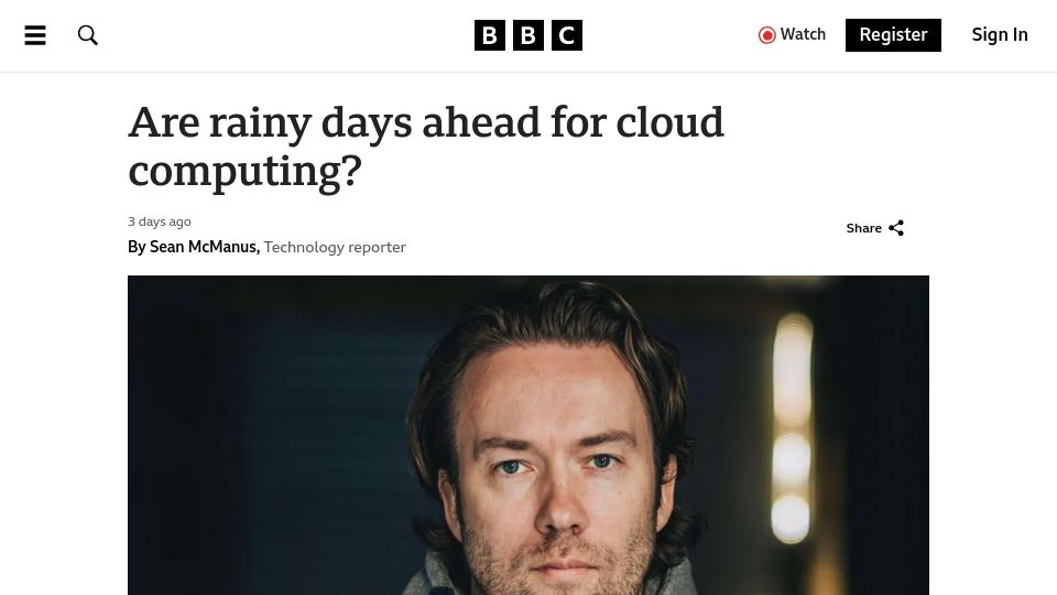 Screenshot of bbc.com: Are rainy days ahead for cloud computing?