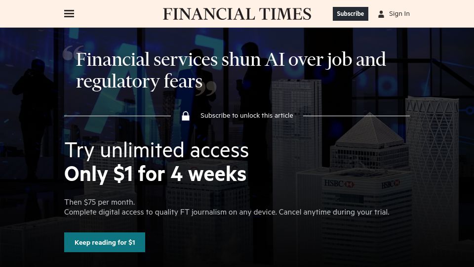 Screenshot of ft.com: Financial services shun AI over job and regulatory fears