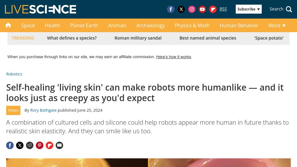 Screenshot of livescience.com: Self-healing 'living skin' can make robots more humanlike