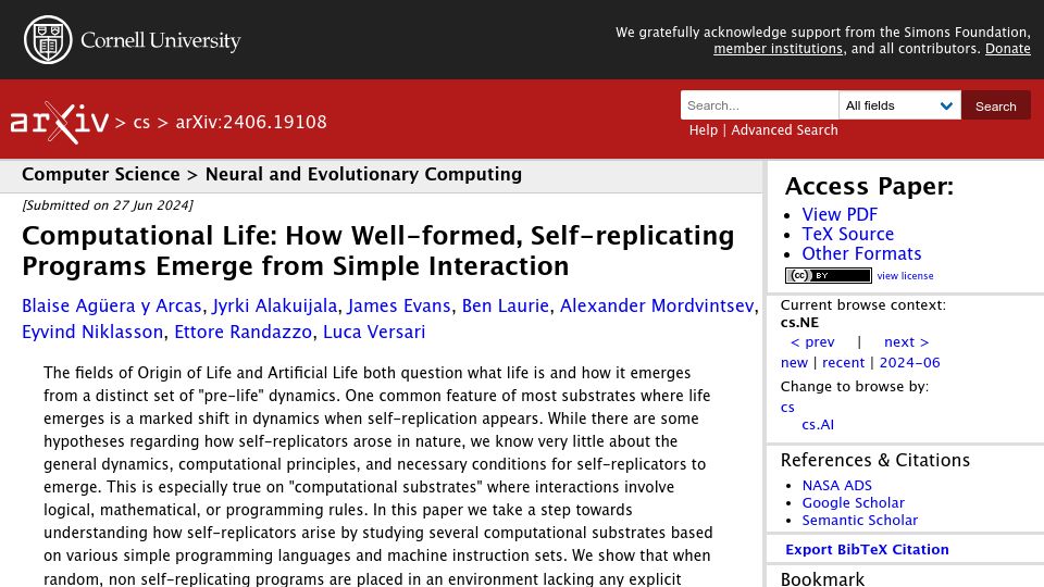 Screenshot of arxiv.org: Computational Life: How self-replicating programs emerge from simple interaction