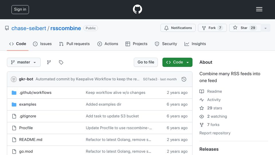 Screenshot of github.com: Combine multiple RSS feeds into a single feed, as a service